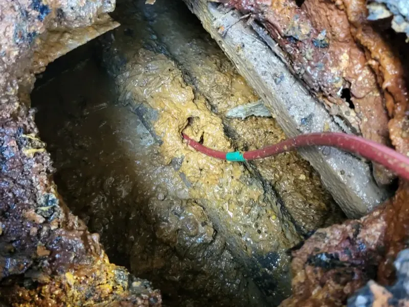 부산 서구 찌꺼기가 둘러붙은 관 속으로 스프링이 들어간 모습